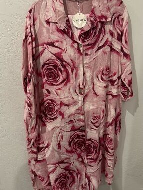 Vieira Pink Rose Print Button-Front Womens linen set